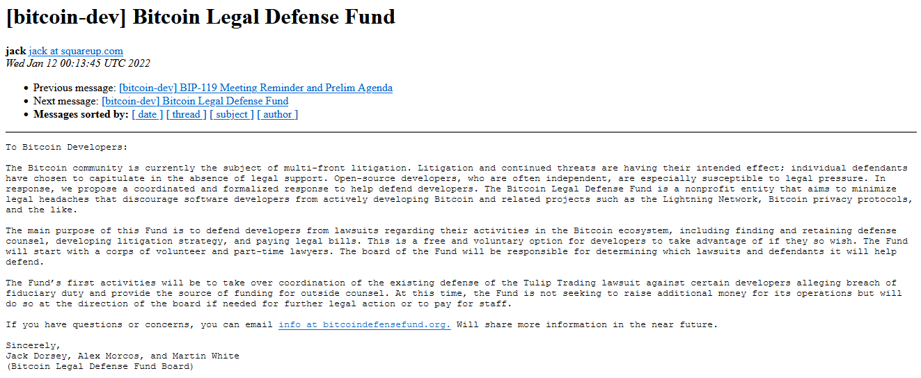 Fondation du Bitcoin Legal Defense Fund par Jack Dorsey