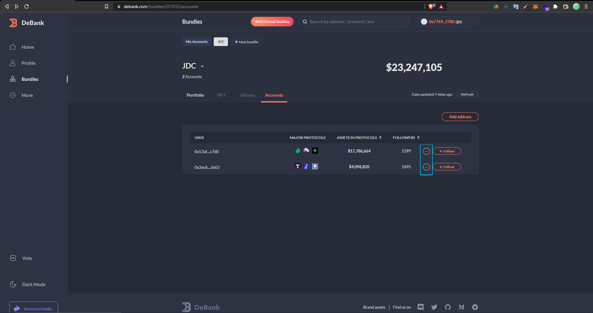 Capture d'écran de la page "Bundles" sur laquelle nous pouvons voir comment déplacer une adresse d'un "bundle" à un autre