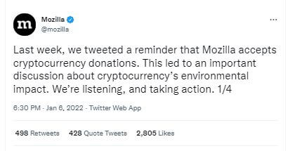 Mozilla décide de suspendre l'acceptation des dons en cryptomonnaies, suite aux nombreuses critiques.