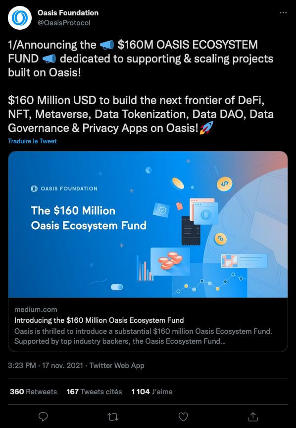 Tweet qui officialise la création d'un fonds de 160 millions de dollars pour soutenir les créateurs de projets sur la blockchain Oasis
