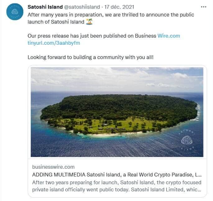 Screen of a tweet from the official Satoshi Island account, announcing the public launch of Satoshi Island.