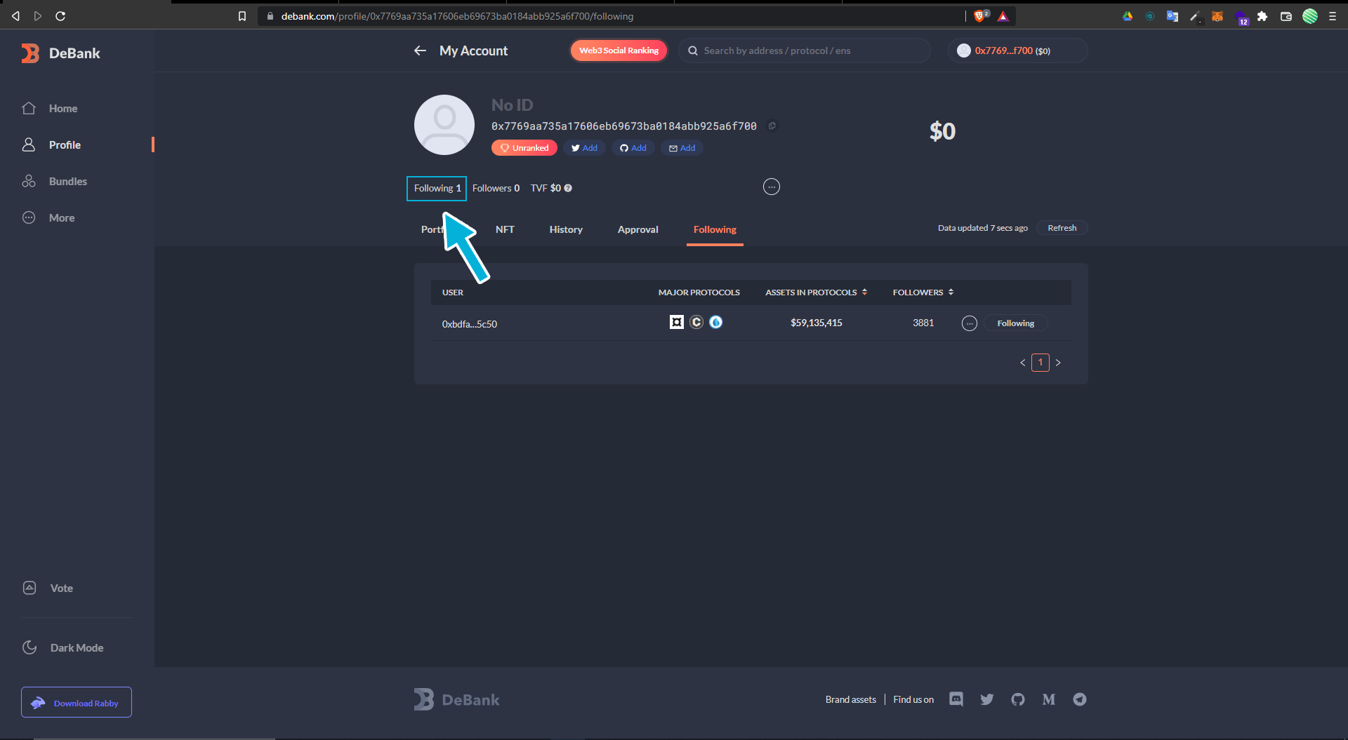 Capture d'écran de la page "Profile" montrant où retrouver les profils, que l'on suit 