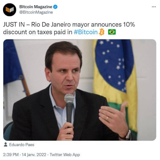Tweet annonçant la réduction des impôts pour qui les payera en Bitcoin à Rio de Janeiro