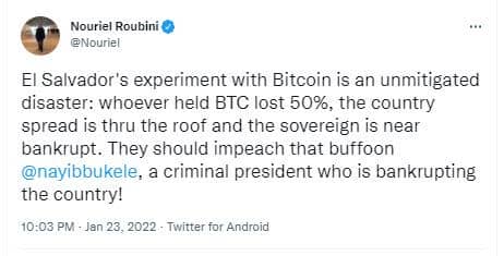 Quand l'économiste Nouriel Roubini se la joue régulateur économique mondial et faiseur de Roi en demandant la destitution du président du Salvador, Nayib Bukele, sous fonds de haine du bitcoin (BTC)