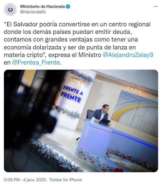 Publication Twitter ministère des Finances du Salvador - obligations crytomonnaies 10 ans intérêt 6,5 %