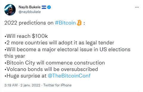 Publication Twitter Nayib Bukele - prévisions enthousiastes Bitcoin 2022