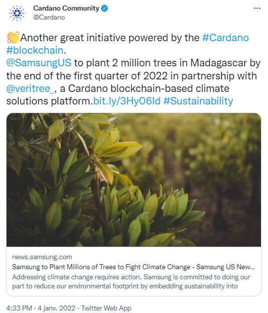 Cardano et Veritree aide Samsung à planter 2 millions d'arbres