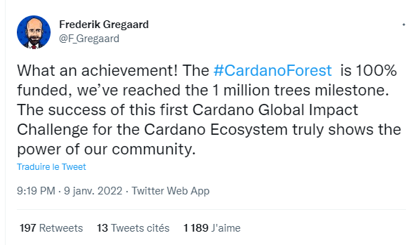 Le responsable de la fondation Cardano annonce via Twitter qu'il viennent de terminer la plantation d'un million d'arbres au Kenya dans la région de Mombassa.