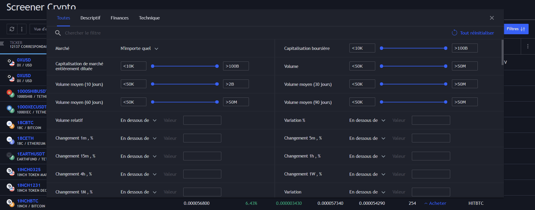 Le filtre du screener de TradingView