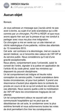 Mail condamnant les actes du chirurgien à l'intention des membres de l'APHP.