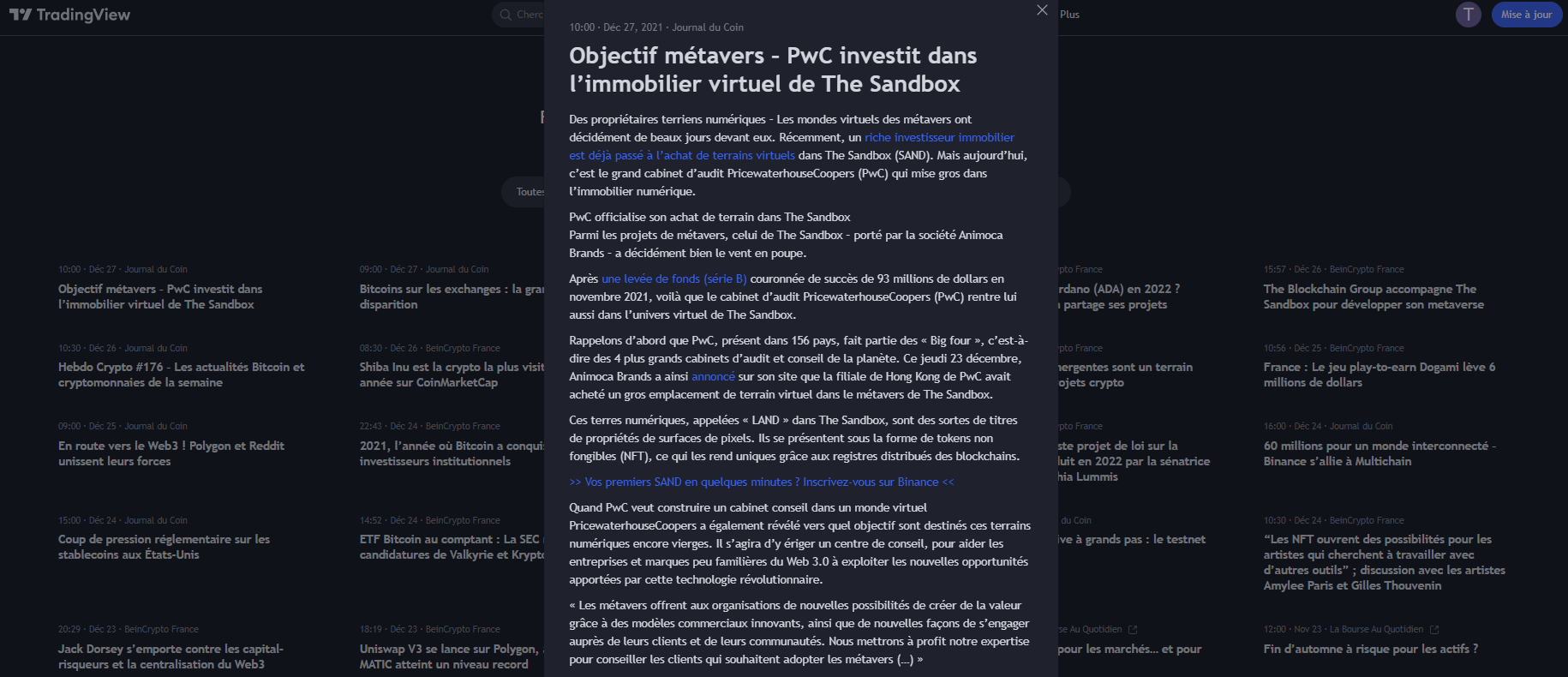 Une news du JDC sur TradingView