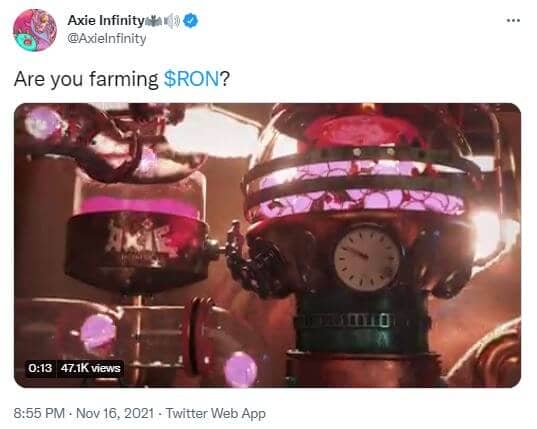 Publication Twitter Axie Infinity - farming RON