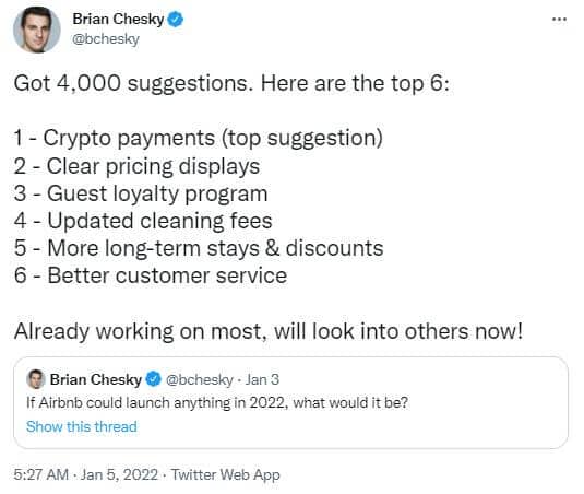 Publication Twitter Brian Chesky - sondage paiements cryptomonnaies 2022