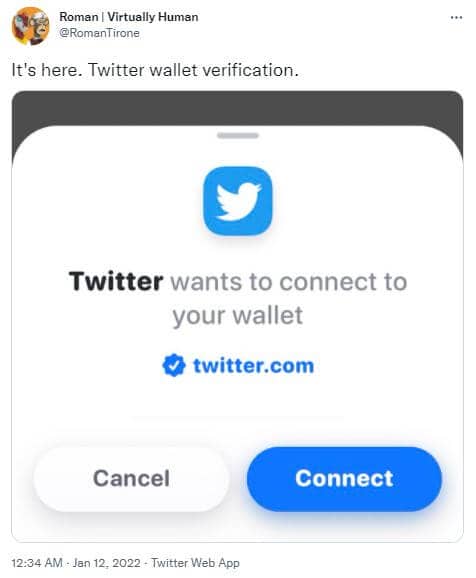 Twitter post Roman Tirone - wallet verification