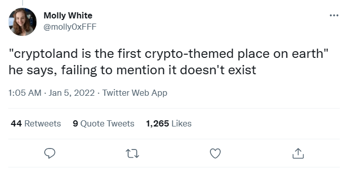 Screenshot of a tweet from a thread discussing CryptoLand potentially being a scam.