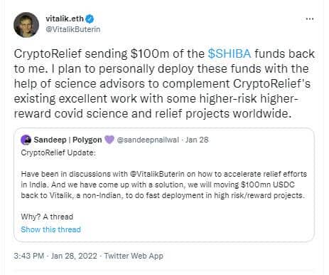 CryptoRelief renvoie 100 millions de dollars de shiba inu à Vitalik Buterin, le recours à la nouvelle finance étant compliqué en Inde compte tenu de la réglementation sur le trading, les investissements, les paiements en cryptomonnaies.
