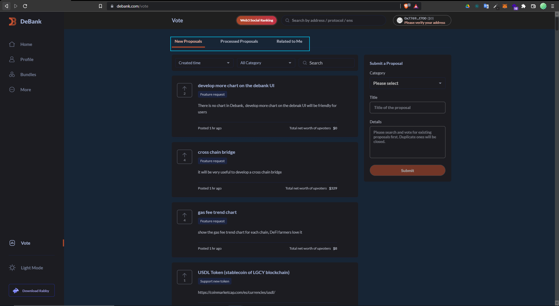 Ecran d'affichage des votes de la gouvernance de DeBank