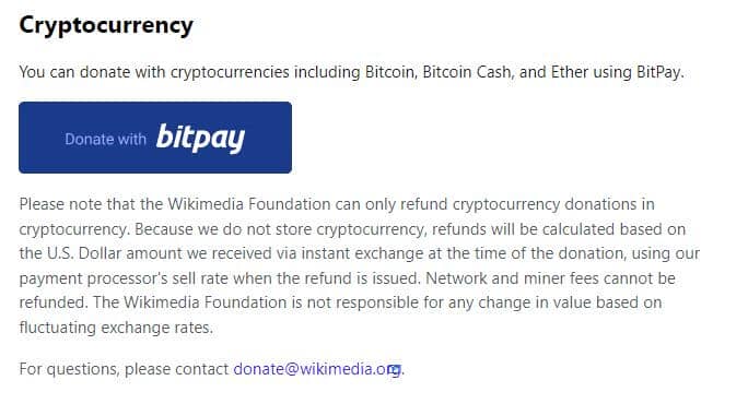 Wikimedia accepte les paiements en bitcoin (BTC), en bitcoin cash (BCH) et en éther (ETH), via BitPay.