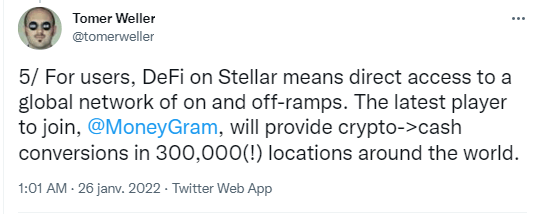 Publication Twitter Tomer Weller - MoneyGram DeFi sur Stellar