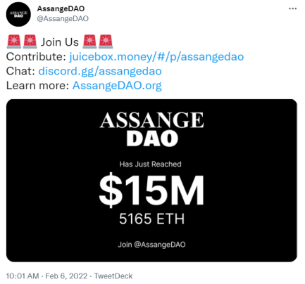 AssangeDAO annonce sur Twitter avoir récolté 15 millions de dollars en ETH en soutien à Julian Assange. 