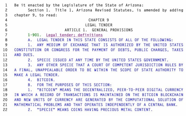Projet de loi SB 1341, qui propose d'instaurer Bitcoin comme monnaie ayant cours légal en Arizona. Cette proposition de loi émane de la sénatrice Wendy Rogers.