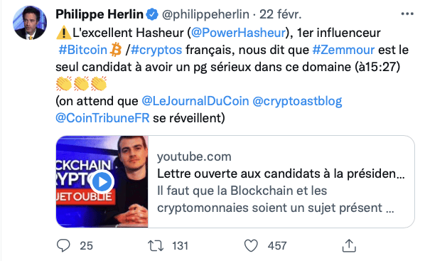 Tweet de Philippe Herlin, transfuge du Front National vers Reconquête, le parti d'extrême droite d'Eric Zemmour.
