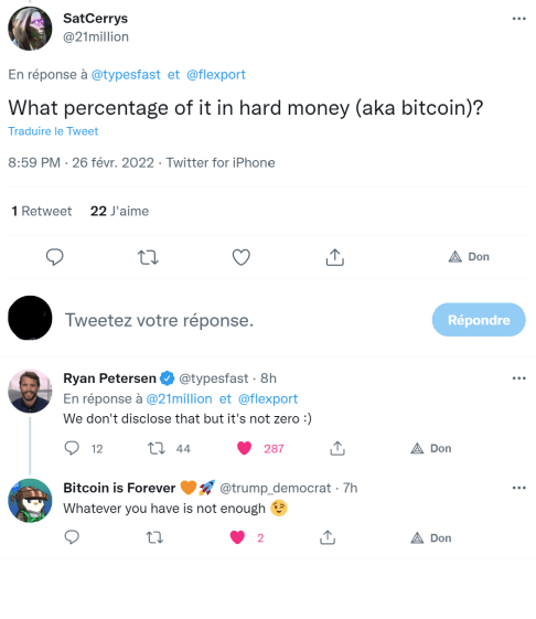 Ryan Petersen, CEO de Flexport confirme que son entreprise détient des bitcoins dans sa trésorerie. 