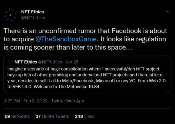Tweet expliquant la rumeur: Facebook souhaiterai racheter le métavers de The Sandbox .