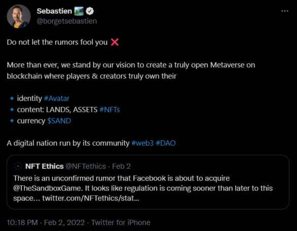 Tweet: denial of Sébastien Borget.  Facebook will not buy The Sandbox and its metaverse.