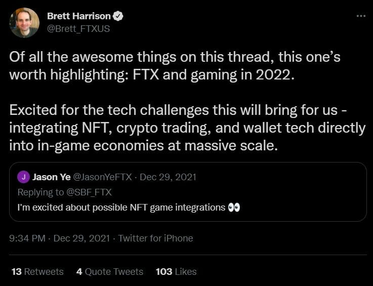 Tweet de Brett Harrison, président de FTX Us qui confirme son intérêt pour l'univers des jeux NFT blockchain.