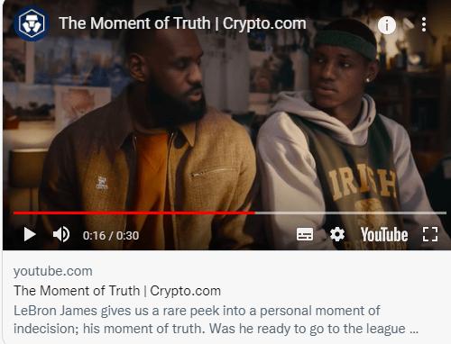 Crypto.com a sorti la grosse artillerie avec ni plus ni moins que LeBron James himself ! Il parle à son "lui" jeune" et le met en garde contre le doute.