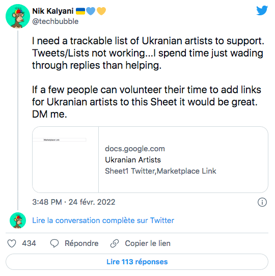 Nik Kalyani crée une liste d'artistes NFT visant à les aider face à la guerre en Ukraine - Source : Twitter