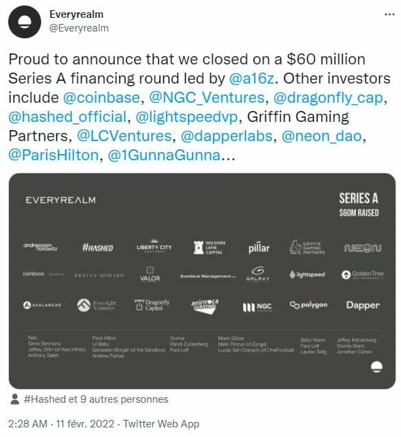Tweet du géant du métavers Everyrealm annonçant une levée de fond de 60 millions de dollars menée par a16z