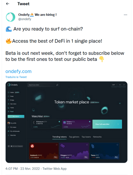 Tweet de Ondefy annonçant le lancement de sa version Beta pour la semaine prochaine.
