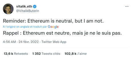 Né en Russie, le cofondateur du réseau Ethereum Vitalik Buterin rappelle sur Twitter qu'Ethereum est un réseau neutre.