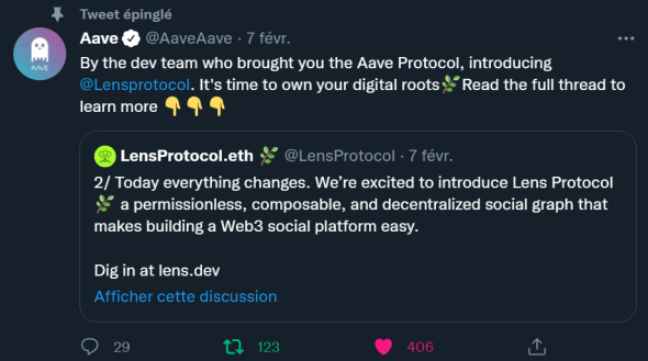 Dans un tweet, AAVE présente le Lens Protocol, une application de réseau social open-source et décentralisée.