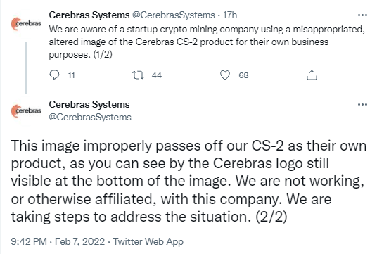 Tweet de Cerebras société qui déclare apprendre qui affirme d'avoir aucun lien avec NuMiner.