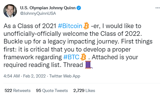 Publication Twitter de Johnny Quinn encourageant la classe 2022 de Bitcoin