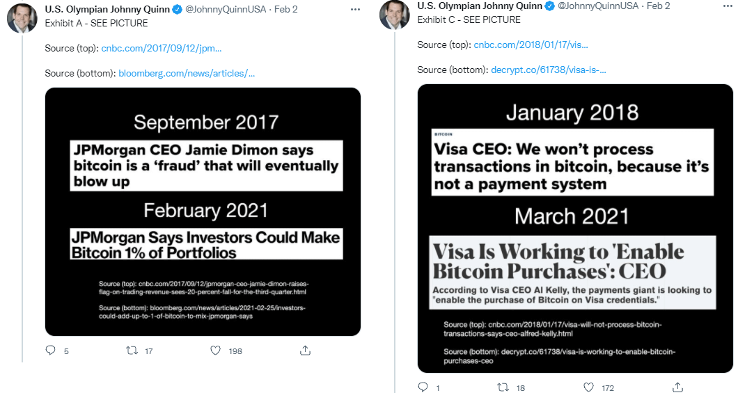 Twitter posts from Johnny Quinn pointing the finger at JP Morgan and VISA who flipped on Bitcoin