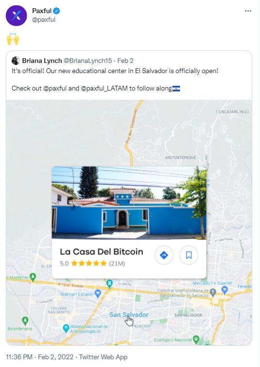 Publication Twitter de Paxful annonçant la mise en place du centre d'apprentissage Casa del Bitcoin au Salvador