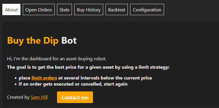 Extrait de la page Internet Buy the Dip Bot, des ordres à cours limités à plusieurs intervalles sous le prix actuel.
