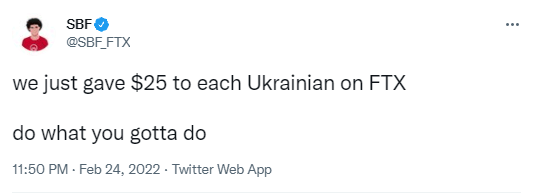 Tweet du CEO de FTX qui annonce offrir 25 dollars à tous les Ukrainiens possédant un compte FTX