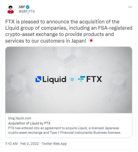 FTX s'offre Quoine Corporation, la bourse crypto de Liquid enregistrée au FSA.