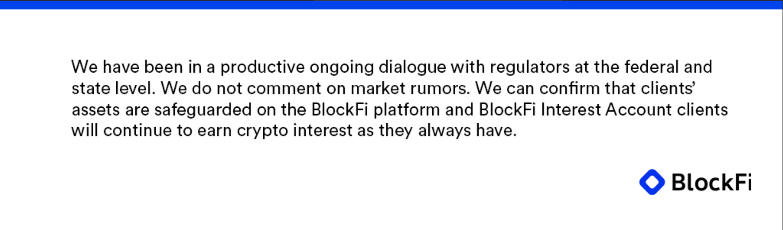 Déclaration de BlockFi sur Twitter à propos de ses discussions avec les différents régulateurs US. 