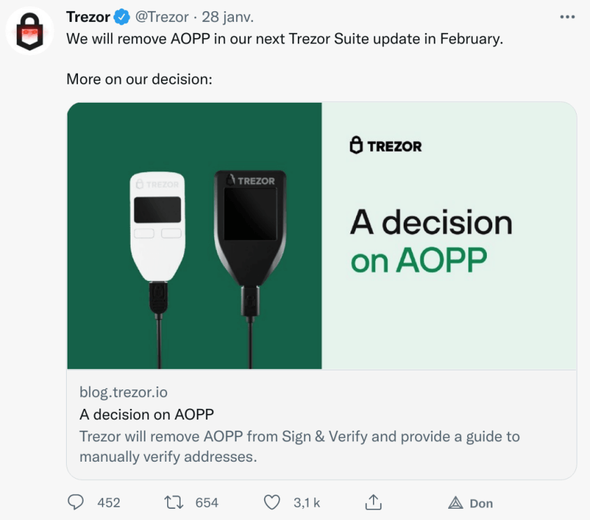 Publication Twitteer Trezor - annonce de l'abandon d'AOPP pour le mois de février