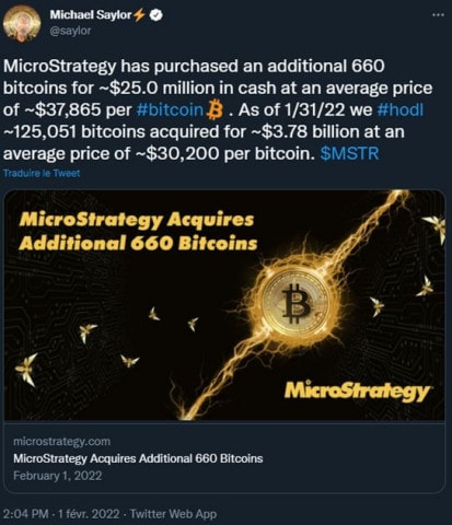 Tweet de Michael Saylor annonçant l'acquisition de 660 bitcoins supplémentaires par MicroStrategy