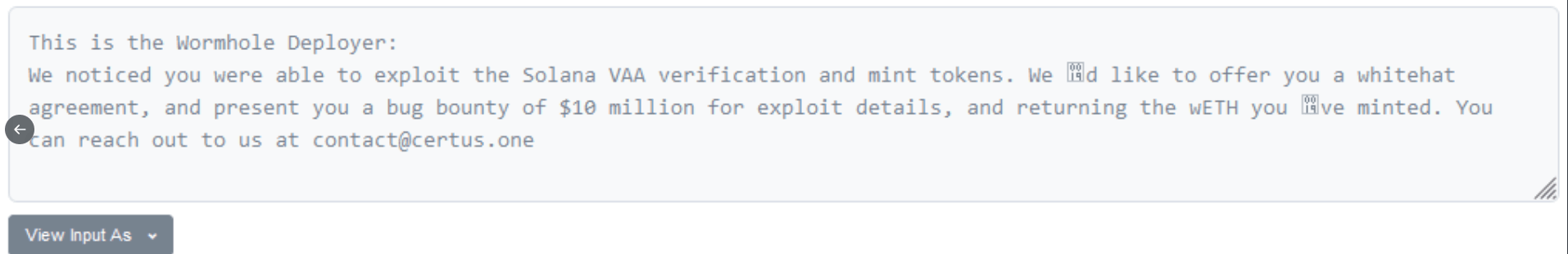 Message envoyé par les développeurs de Wormhole au hacker pour négocier la restitution en échange de 10 millions de dollars