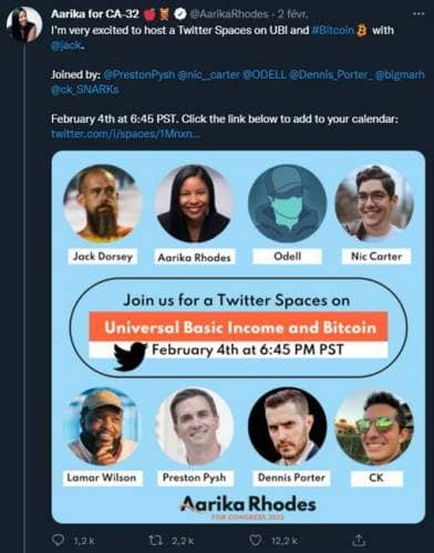 Twitter post by Aarika Rhodes to warn her followers of the holding of a Twitter Spaces with Jack Dorsey on the subject of universal basic income and Bitcoin.