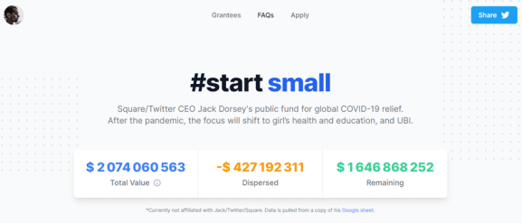 This is the interface of the Start Small site, the fund created by Jack Dorsey using the sale of his Square shares to support the fight against Covid-19.