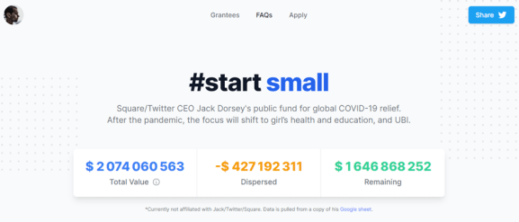 Il s'agit de l'interface du site de Start Small, le fond créé par Jack Dorsey à l'aide de la vente de ses actions Square pour soutenir la lutte contre le Covid-19.